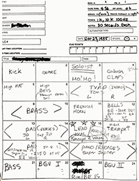 A track sheet which is a piece of paper in a tape box with all of the notes regarding what was recorded on a multitrack tape