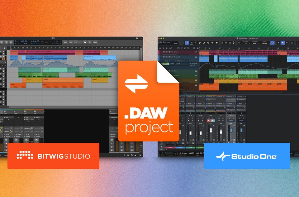 One session, two DAWs: moved with DAWproject The same session open in Bitwig Studio and PreSonus Studio One, with the .dawproject file icon between them